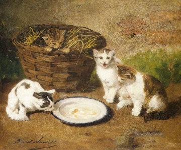 猫 Painting - ミルク一杯のそばにいる子猫 アルフレッド・ブルネル・ド・ヌーヴィル